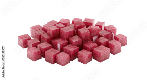 Pile of textured red cubes stacked unevenly on a black backdrop