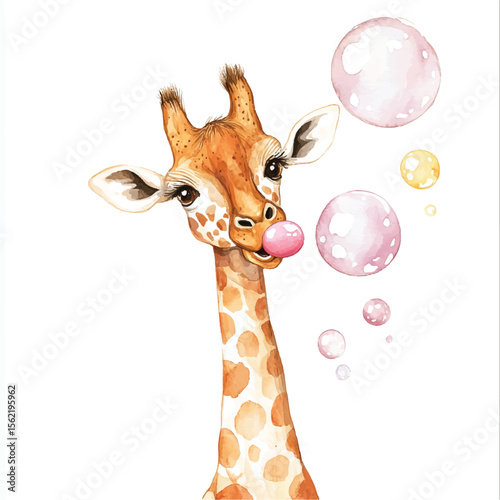 Playful Watercolor Giraffe Blowing Pink Bubble Gum with Bubbles Floating