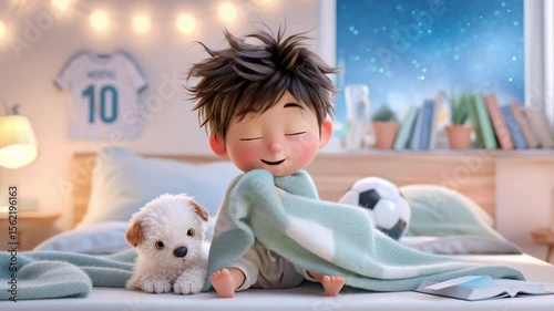 Child and white puppy sharing cozy moment doing to bed with soft lights and sports memorabilia