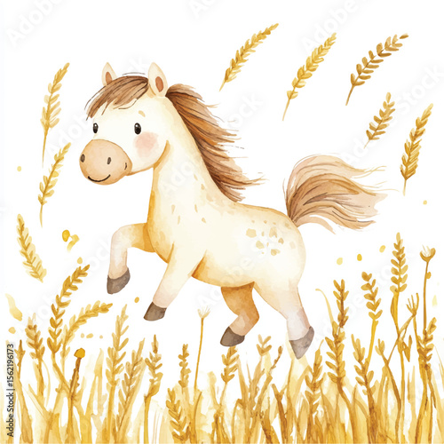 Playful Watercolor Horse Leaping Through Golden Wheat Field with Joy