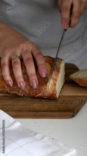
female hands cutting sourdough homemade wheat bread