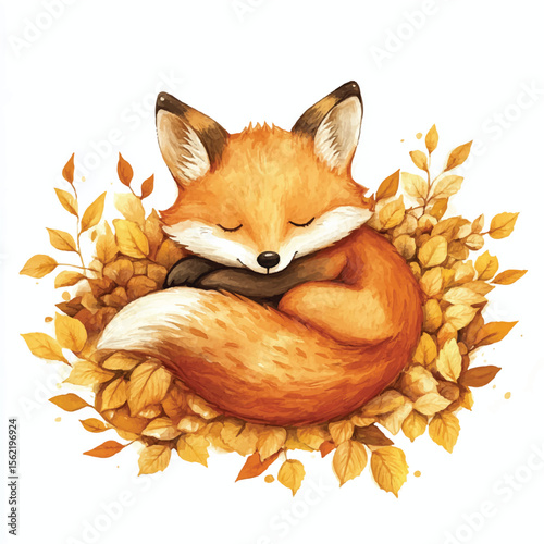 Peaceful Autumn Fox Curled Amidst Golden Leaves