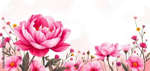 Abstract pink watercolor peony & wildflowers, vector frame,  card,  hand-painted