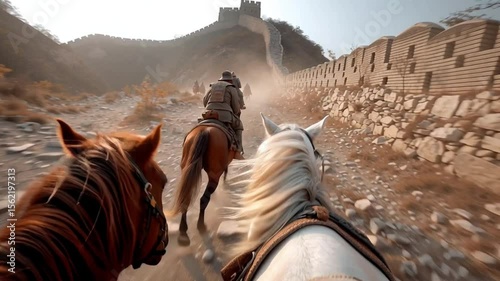 Horseback riders charging past the Great Wall on dusty trail in epic journey through history