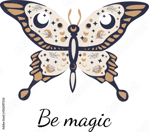 Intricate mystic butterfly with celestial patterns on wings. Boho design for t-shirt and other textile, posters, cards.