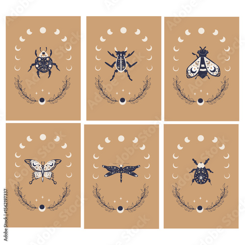 Vector boho insect illustrations with celestial patterns on brown background. Can used for cards, t-shirt design, wrapping and packaging, fabric design. Magical bohemian art illustration