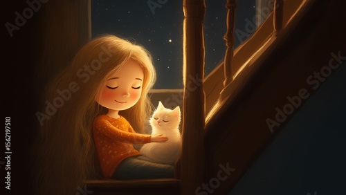 A cute little girl with yellow hair sits with a cat on her lap under the stairs in the sunshine. Soft light from the window in the attic, friends sitting and dreaming together