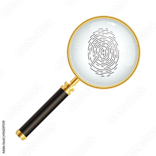 An isolated close-up features a fingerprint displayed under a gold-framed magnifying glass. The lens enlarges the unique whorls against a stark white background. Investigation focus.