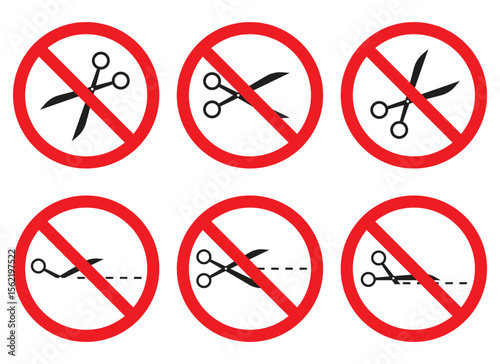 Six circular prohibition signs are placed on a white background. They depict a pair of scissors being used to cut with a red outline around each sign.