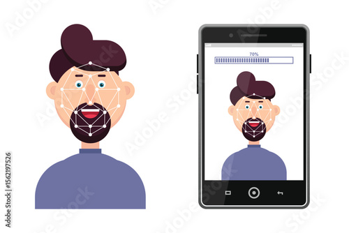 An illustration shows face recognition being used on a smartphone. A man's face is scanned with geometrical points, and a phone displays the same scan with a loading bar.