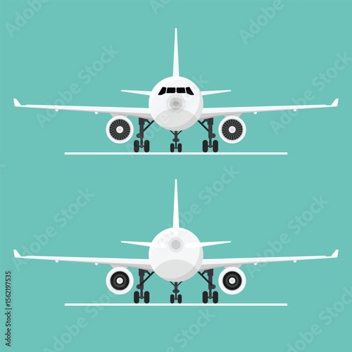 Two white planes are shown, one front-facing, one rear. They feature wings, engines, landing gear, and tails, placed on a light turquoise backdrop, ready for flight.