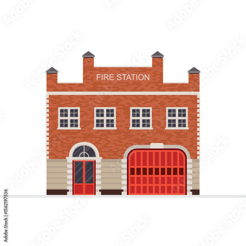 This is a fire station with a brick exterior, and a red bay door. It is a vector illustration of a fire station with 4 windows and a front door.