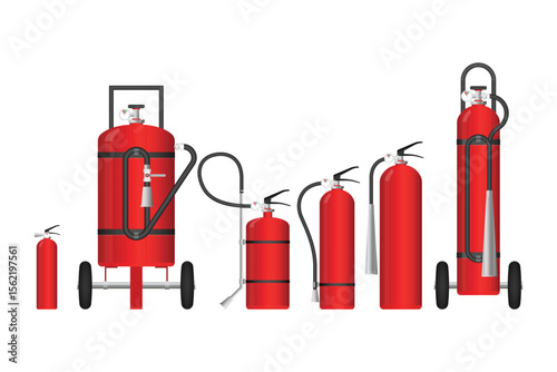 This image shows different kinds of red fire extinguishers lined up, from small handheld models to larger wheeled units, designed to handle various fire types and situations.
