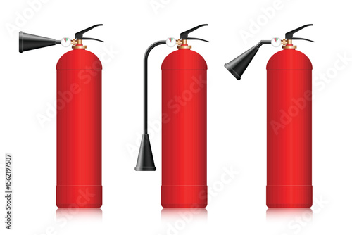 Three red fire extinguishers with different nozzle types, displayed on a white background. The extinguishers have black nozzles attached to them. The items are designed for emergencies.