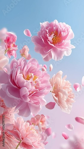 Pink peonies blooming in soft spring light as petals drift gently through blue sky background