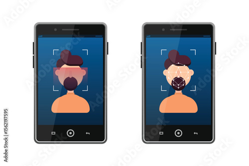 Two mobile phones display illustrations of a face being scanned by facial recognition software, representing security and modern technology on a white background.