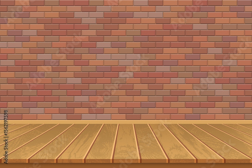 A simple, staged image featuring a brick wall with varying shades of red and brown, complemented by a wooden floor. The scene presents a clean and empty backdrop.