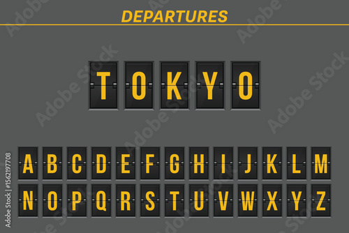 Airport-style departure board showing the destination "Tokyo" with the full alphabet below. The display is in black and yellow with the word "DEPARTURES" on top.