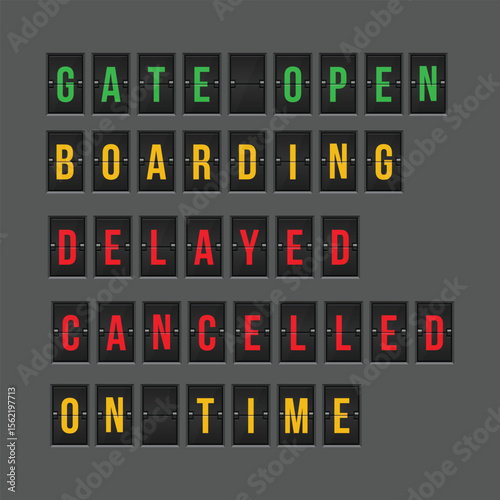 An airport departure board showing various flight status updates. The messages include 'gate open', 'boarding', 'delayed', 'cancelled' and 'on time' in bright colors.