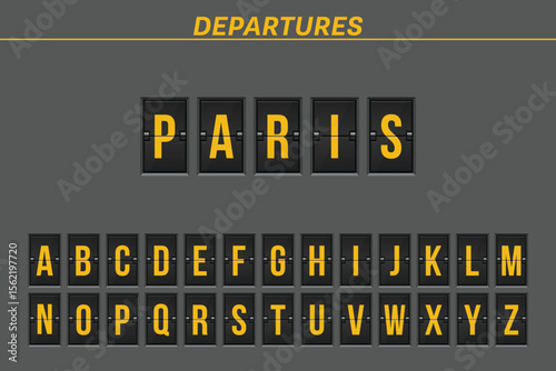 A stylized departures board shows the destination Paris. Below is an alphabet of letters on similar boards. The background is gray with yellow accents.