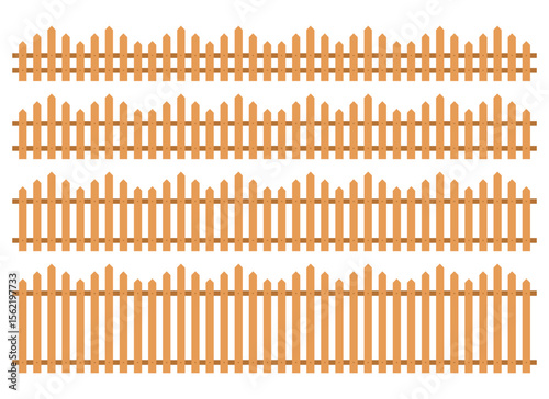 This image features four rows of light-brown wooden fences. Each row has a different height and the pickets vary in shape. The background is plain white.