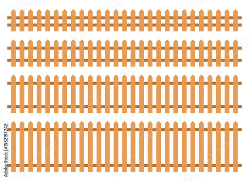 A background of four rows of wooden fence designs. Each fence has varying heights and spacing of the individual wooden planks against a white background.