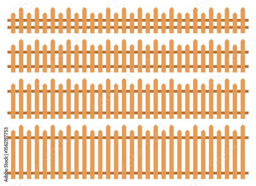 Four rows of light brown wooden picket fences are displayed on a white background. They have varied heights and spacing between the individual pickets.