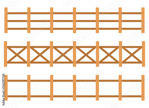 This image features three different styles of wooden fences. Each fence panel demonstrates a unique design, showcasing variations in construction and aesthetic appeal. Isolated on white.