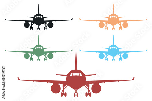 A front view showcase of colored airplane silhouettes. Planes are displayed in black, blue, green, orange, and red against a white backdrop in graphic style.
