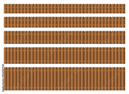 A vector illustration shows multiple rows of brown wooden fences. Each row displays variations in style, height, and the shape of the picket tops, against a white backdrop.