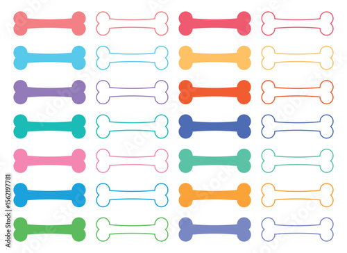 A symmetrical array of bone silhouettes in various colors and outlines against a plain white backdrop evokes a playful and vibrant atmosphere with potential animal accessory themes.