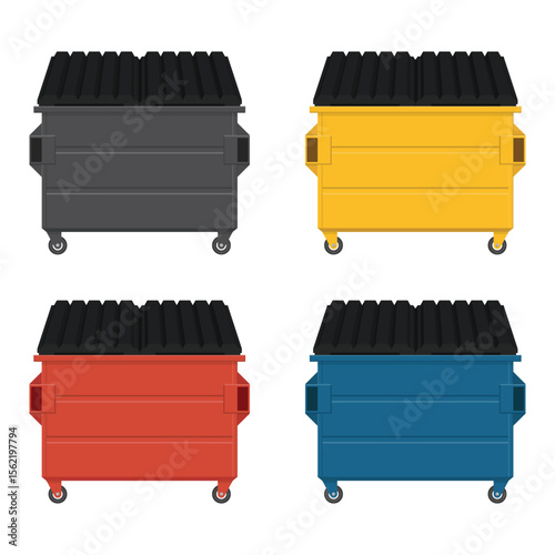 Four dumpsters of gray, yellow, red, and blue stand in a row, all with black tops. They are containers to collect waste, ready for waste management sanitation services.
