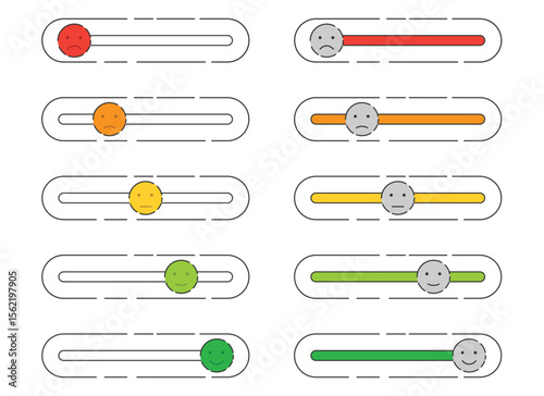 A linear slider display with colored bars, representing user feedback through emotional icons. It depicts sentiments ranging from red (negative) to green (positive).