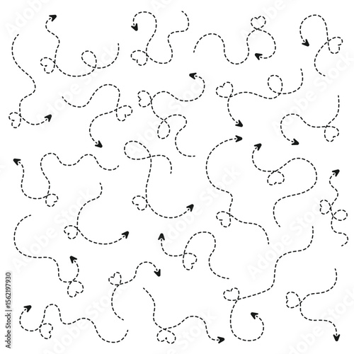 A seamless pattern of whimsical arrows, constructed from dotted lines, adorns a white background. The arrows are playfully curved and incorporate heart shapes, adding to their charm.