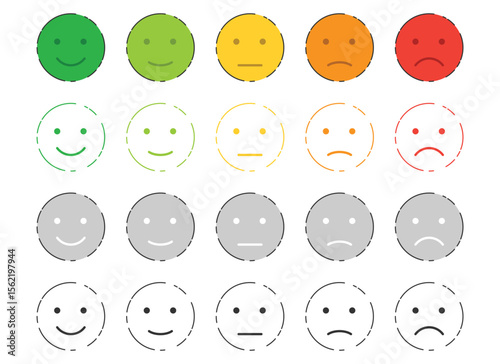 A colorful group of smiley faces that shows a rating scale from very happy in green, to neutral in yellow, to sad in red with faded and greyscale icons