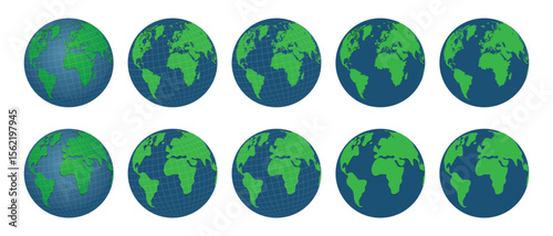 Ten different illustrations depict our planet Earth, showcasing various landmasses and perspectives of the globe against a stark white background. The images vary slightly.