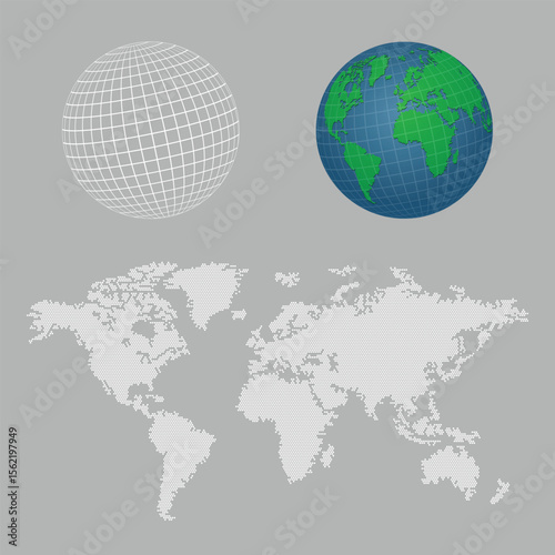 Illustrative representation featuring earth's representations, including a globe wireframe, a rendered globe, and a dotted world map on a gray background showing continents.