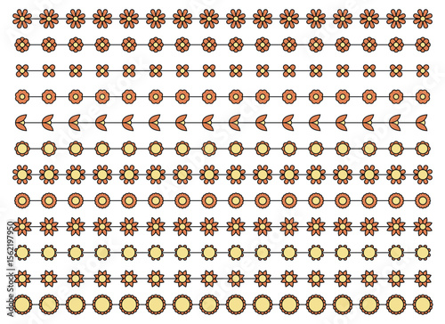 This image showcases a collection of floral and leaf patterns arranged as borders. The various designs each form a neat row across the white background, creating a simple yet appealing look.