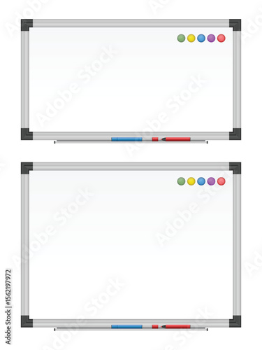 The image features two identical whiteboards, each framed in silver and mounted on a white background. One board has colorful magnets, the other has markers.