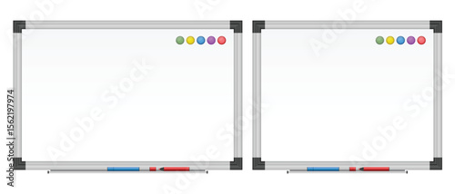 Two identical whiteboards are displayed side by side, each featuring colorful round magnets at the top and blue and red markers at the bottom, ready for use in a classroom or office setting.