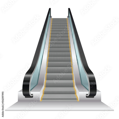 An illustrative escalator with ascending steps is centrally positioned, featuring sleek black handrails and a modern aesthetic. Its design suggests movement, connectivity, and convenience.