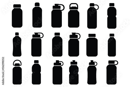 Collection of black reusable water bottles isolated on white background