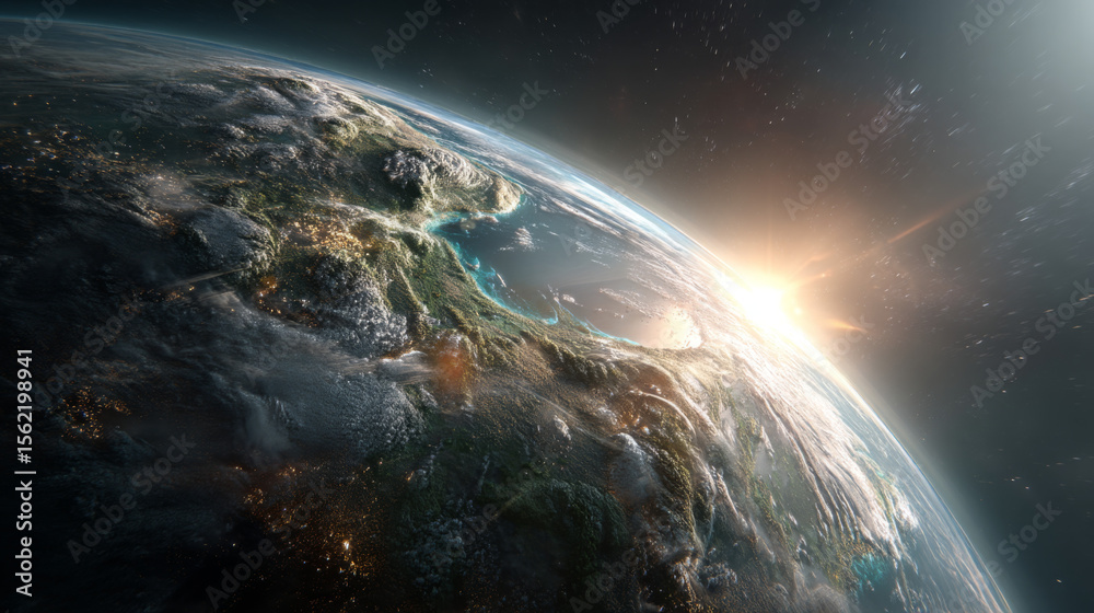 Fototapeta premium Stunning View of Earth from Space with Bright Sunrise in Background