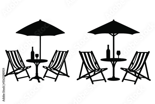 Two sets of deck chairs with tables and umbrellas isolated on white background