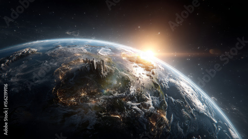 Stunning View of Earth from Space with Rising Sun over Horizon