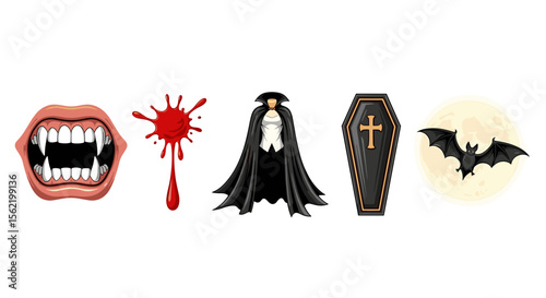 Collection of vampire themed images including fangs, blood, cape, coffin and a bat in the night sky