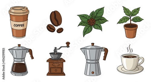 Illustration showing coffee cup, beans, plant, coffee maker, grinder, and cup of coffee in detail