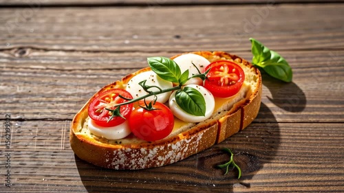 Fresh Tomato and Mozzarella Bruschetta Served on Wooden Table with Basil Herb and Rustic Bread for Gourmet Appetizer or Snack