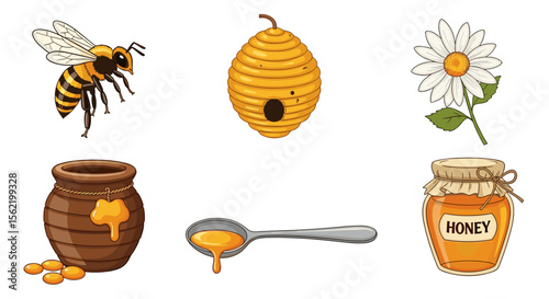 Illustration of a bee flying next to a beehive daisy honey pot and spoon with honey and a honey jar