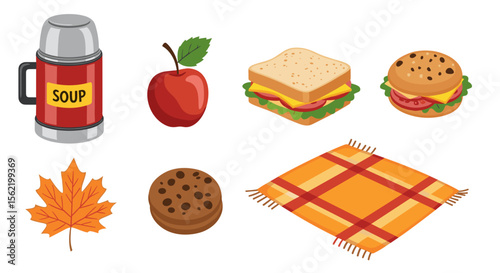 Isometric picnic scene with soup thermos, apple, sandwich, burger, cookie, leaf, and blanket illustration